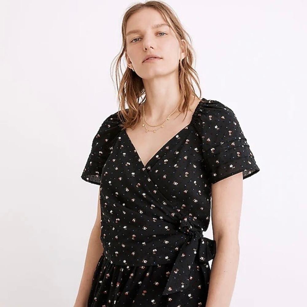 MADEWELL Floral Swiss Dot Ruffle Sleeve Wrap Top Navy Blue XS